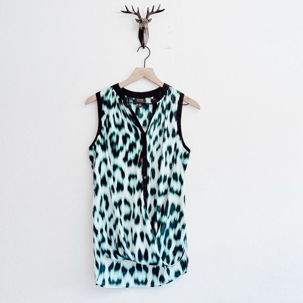 Nicole Miller Women's Teal Black Leopard Sleeveless Blouse Size Medium